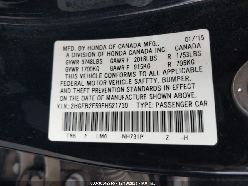 2015 HONDA CIVIC LX - 2HGFB2F59FH521730