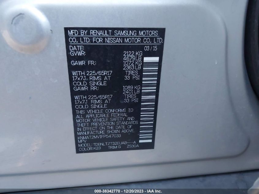 2015 NISSAN ROGUE SV - KNMAT2MV1FP547033