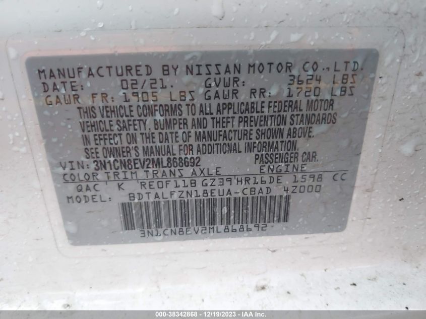 2021 NISSAN VERSA SV - 3N1CN8EV2ML868692