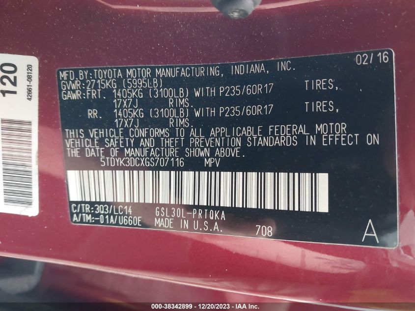 2016 TOYOTA SIENNA XLE/LIMITED - 5TDYK3DCXGS707116