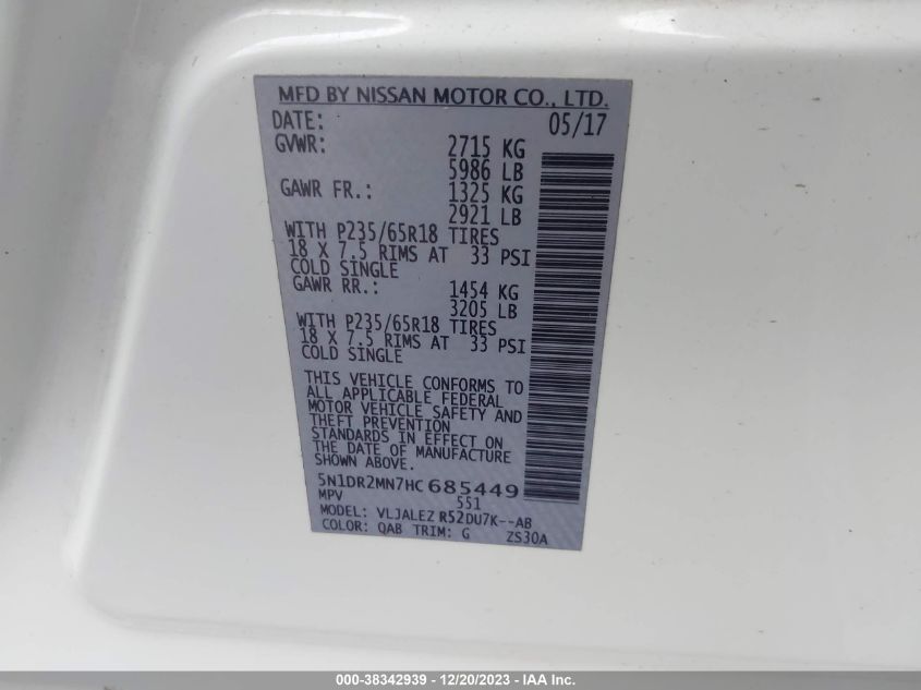 2017 NISSAN PATHFINDER S/SV/SL/PLATINUM - 5N1DR2MN7HC685449