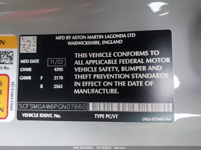 VIN SCFSMGAW6PGN07660 2023 ASTON MARTIN VANTAGE