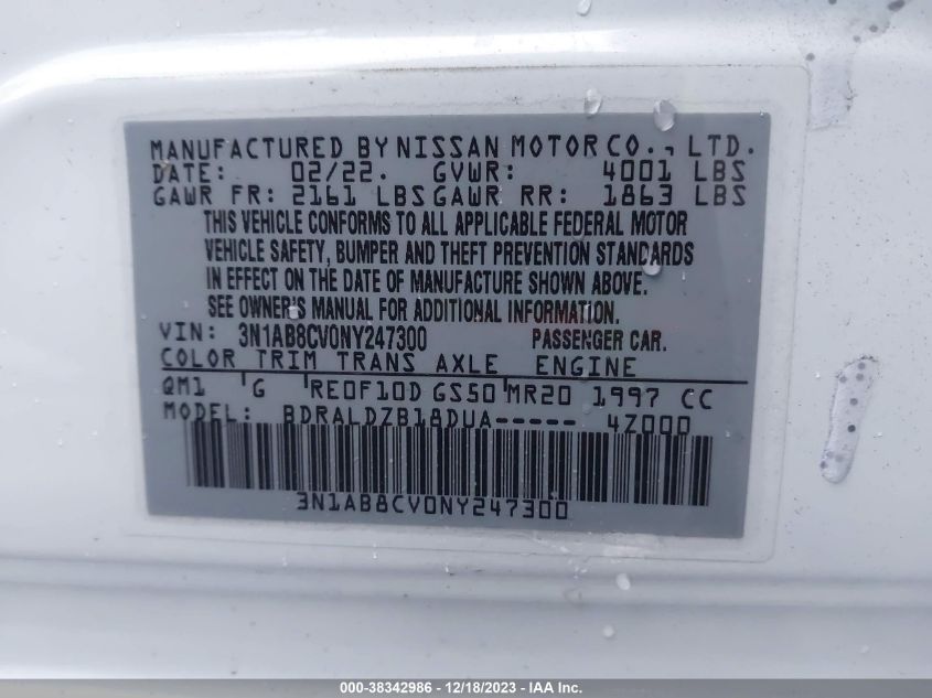 2022 NISSAN SENTRA SV XTRONIC CVT - 3N1AB8CV0NY247300