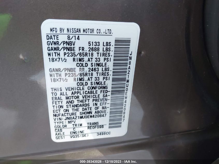 2014 NISSAN MURANO SV - JN8AZ1MU0EW420847
