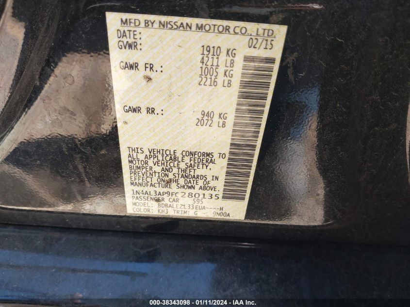 2015 NISSAN ALTIMA 2.5/S/SV/SL - 1N4AL3AP9FC280135