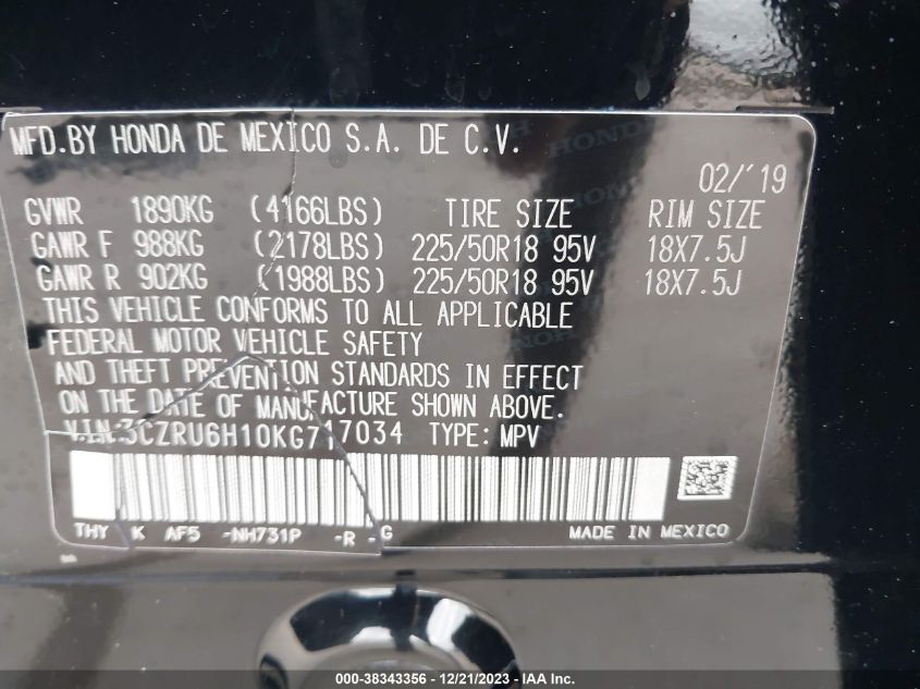 2019 HONDA HR-V SPORT - 3CZRU6H10KG717034