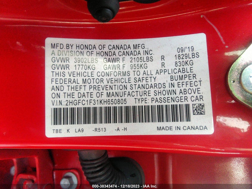 VIN 2HGFC1F31KH650805 2019 HONDA CIVIC EX