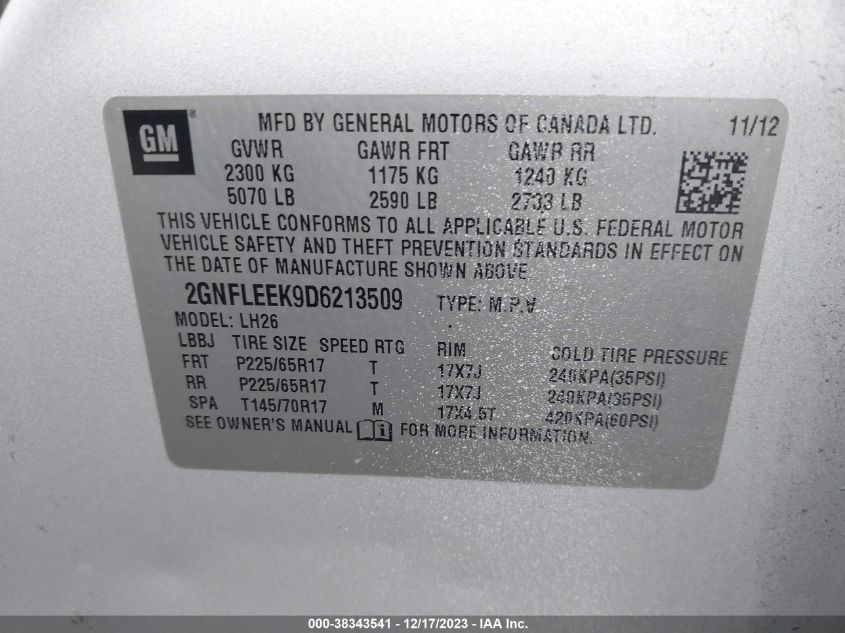 2013 CHEVROLET EQUINOX 1LT - 2GNFLEEK9D6213509