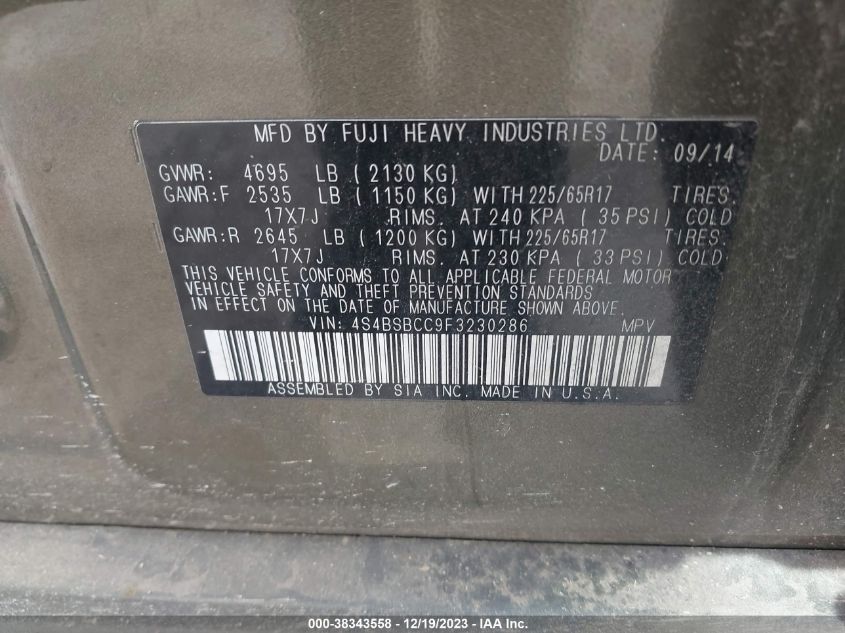 2015 SUBARU OUTBACK 2.5I PREMIUM - 4S4BSBCC9F3230286