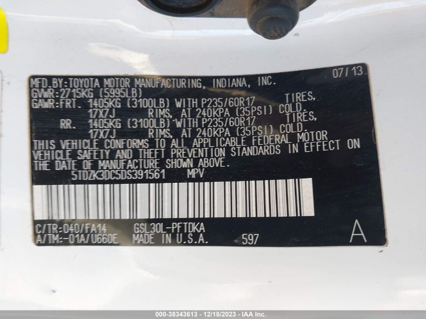 2013 TOYOTA SIENNA L V6 7 PASSENGER - 5TDZK3DC5DS391561