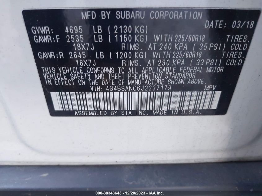 2018 SUBARU OUTBACK 2.5I LIMITED - 4S4BSANC6J3337179