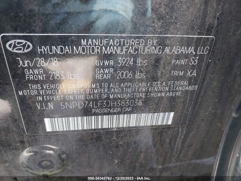 2018 HYUNDAI ELANTRA SE - 5NPD74LF3JH383036