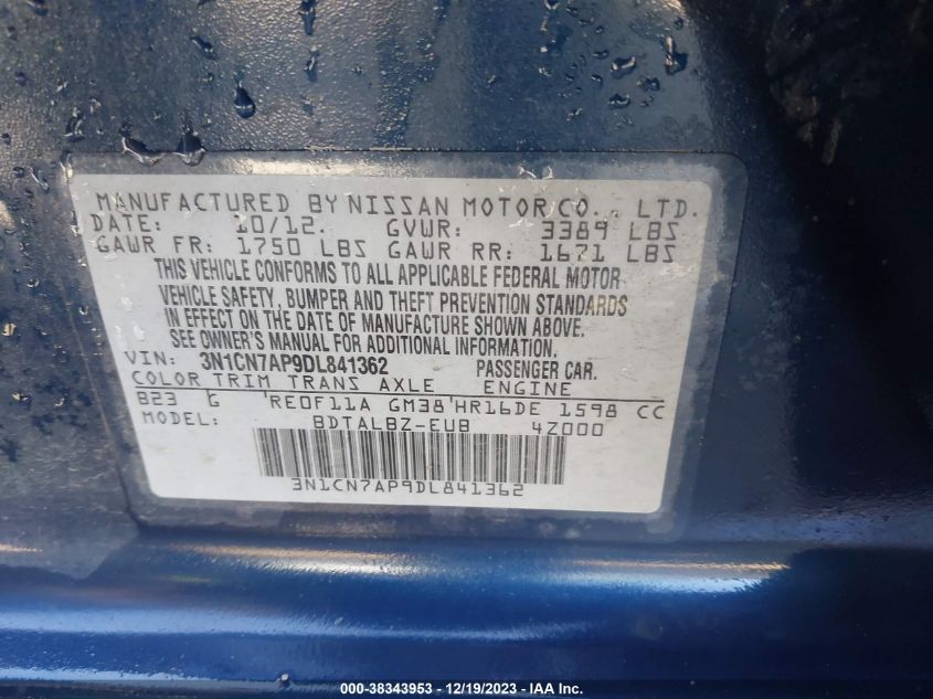2013 NISSAN VERSA 1.6 SV - 3N1CN7AP9DL841362
