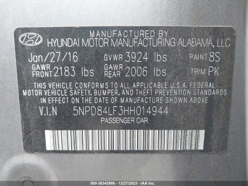 VIN 5NPD84LF3HH014944 2017 HYUNDAI ELANTRA SE