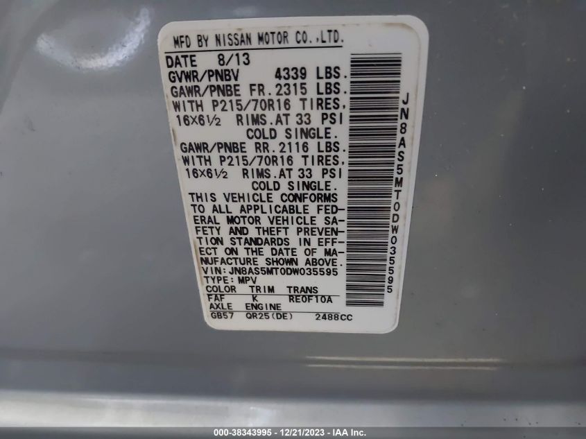 2013 NISSAN ROGUE S - JN8AS5MT0DW035595