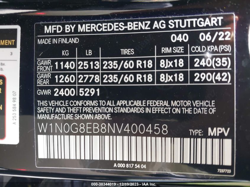 2022 MERCEDES-BENZ GLC 300 300 4MATIC - W1N0G8EB8NV400458