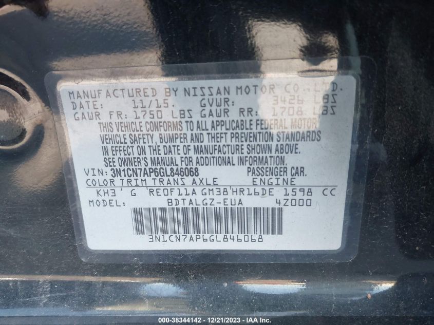 2016 NISSAN VERSA 1.6 SL - 3N1CN7AP6GL846068