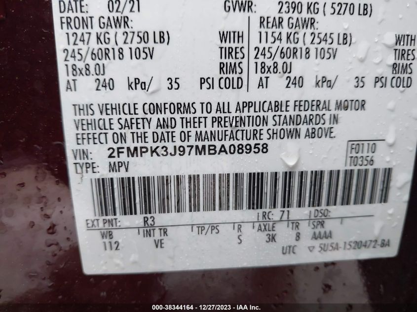 2021 FORD EDGE SEL - 2FMPK3J97MBA08958