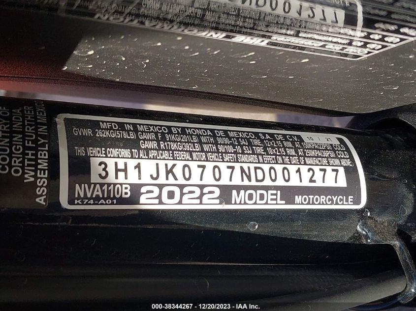 2022 HONDA NVA110 B - 3H1JK0707ND001277