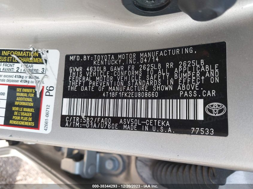 2014 TOYOTA CAMRY L - 4T1BF1FK2EU808660