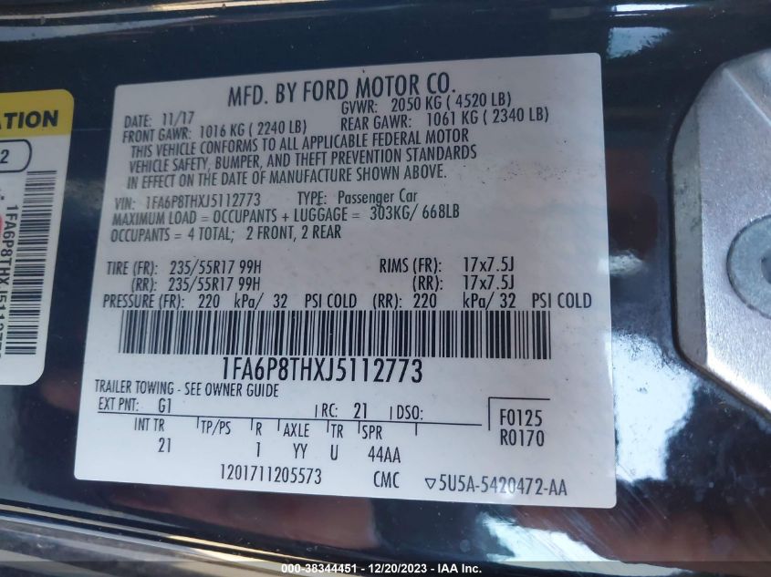 2018 FORD MUSTANG ECOBOOST - 1FA6P8THXJ5112773