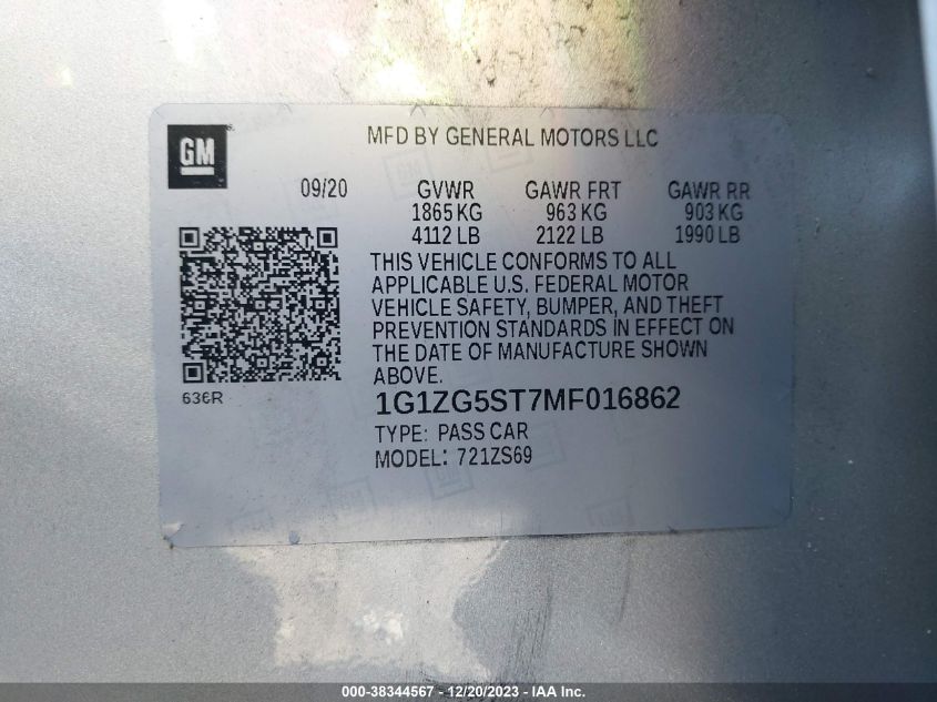 VIN 1G1ZG5ST7MF016862 2021 CHEVROLET MALIBU RS