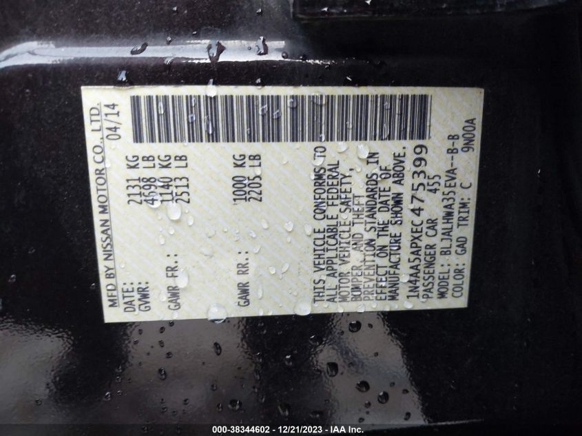 2014 NISSAN MAXIMA 3.5 S/3.5 SV - 1N4AA5APXEC475399
