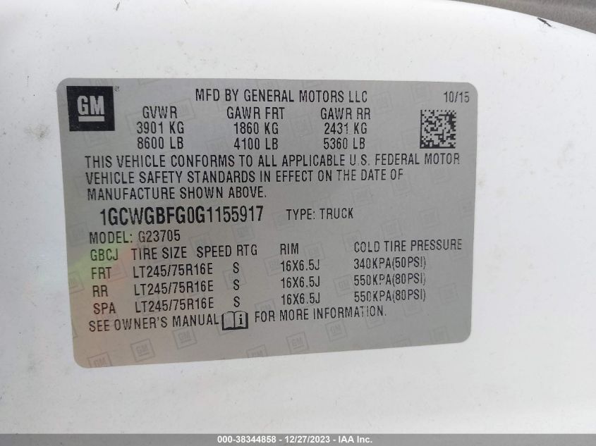 2016 CHEVROLET EXPRESS 2500 WORK VAN 1GCWGBFG0G1155917