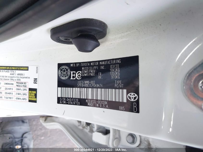 2020 TOYOTA COROLLA SE/XSE - 5YFB4RBE7LP049474