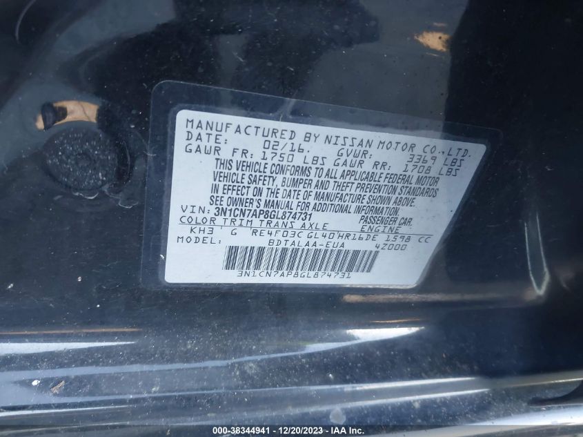 2016 NISSAN VERSA S/S PLUS/SV/SL - 3N1CN7AP8GL874731