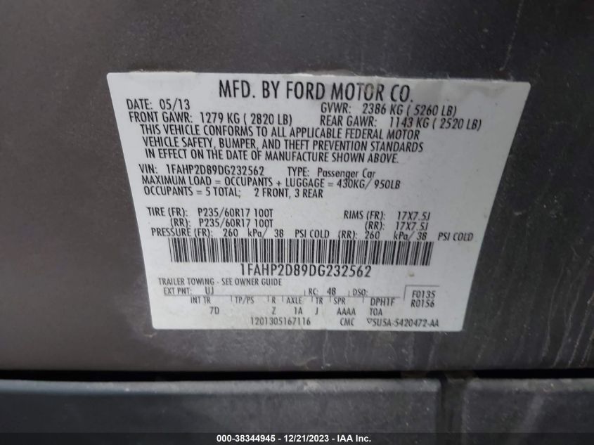 2013 FORD TAURUS SE - 1FAHP2D89DG232562