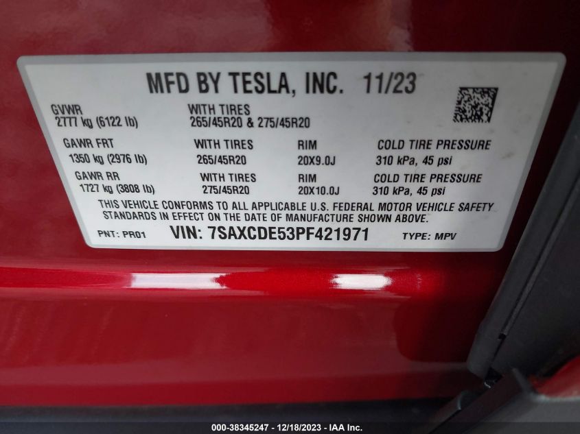2023 TESLA MODEL X DUAL MOTOR ALL-WHEEL DRIVE/STANDARD RANGE - 7SAXCDE53PF421971