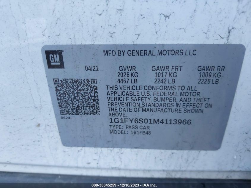 2021 CHEVROLET BOLT EV FWD LT - 1G1FY6S01M4113966