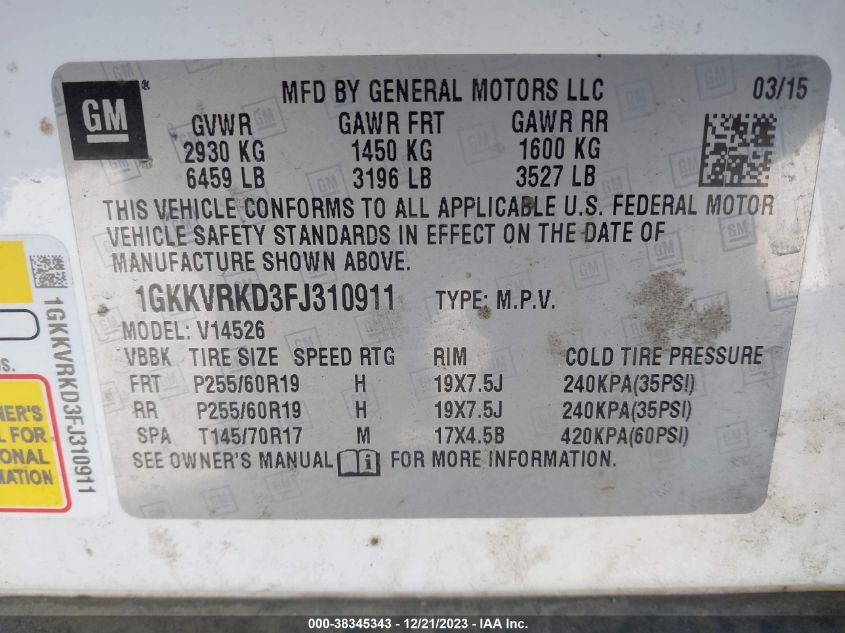 2015 GMC ACADIA SLT-1 - 1GKKVRKD3FJ310911