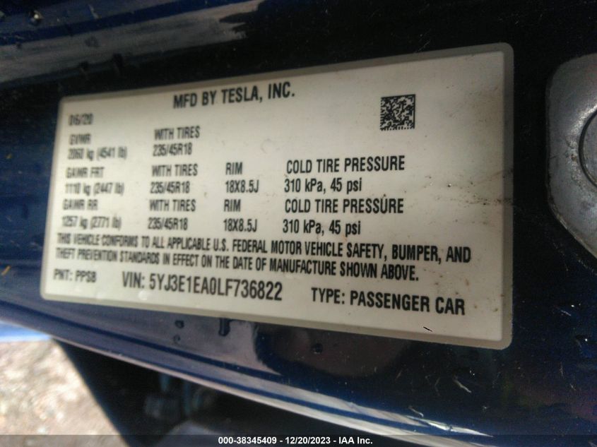 2020 TESLA MODEL 3 - 5YJ3E1EA0LF736822
