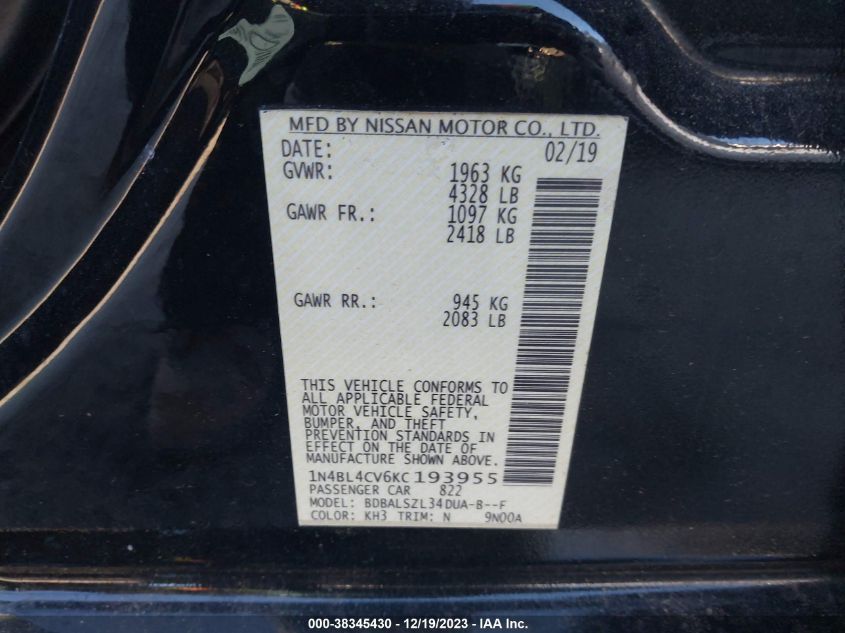 2019 NISSAN ALTIMA SR - 1N4BL4CV6KC193955