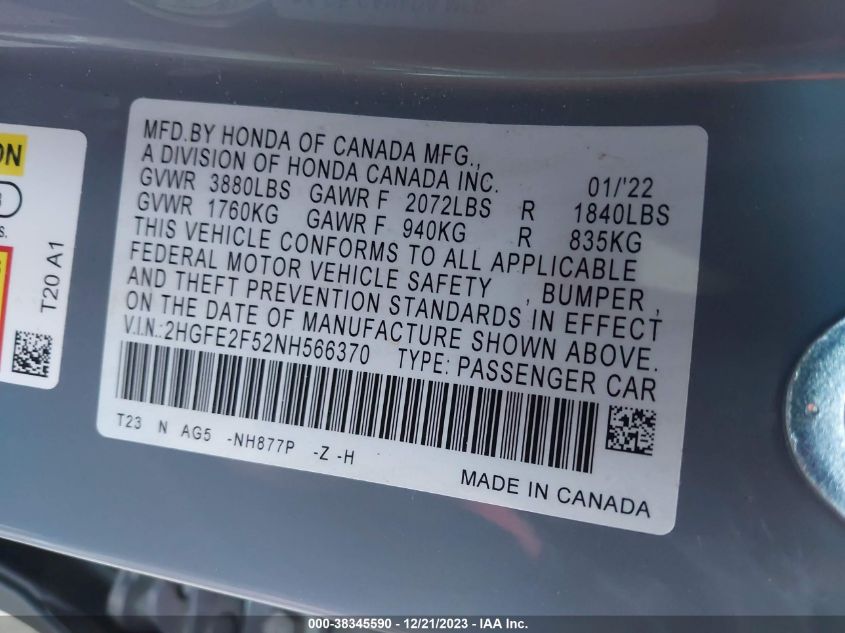 2022 HONDA CIVIC SPORT - 2HGFE2F52NH566370