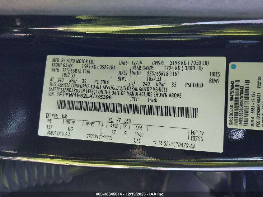 2020 FORD F-150 XLT - 1FTFW1E52LKD35398