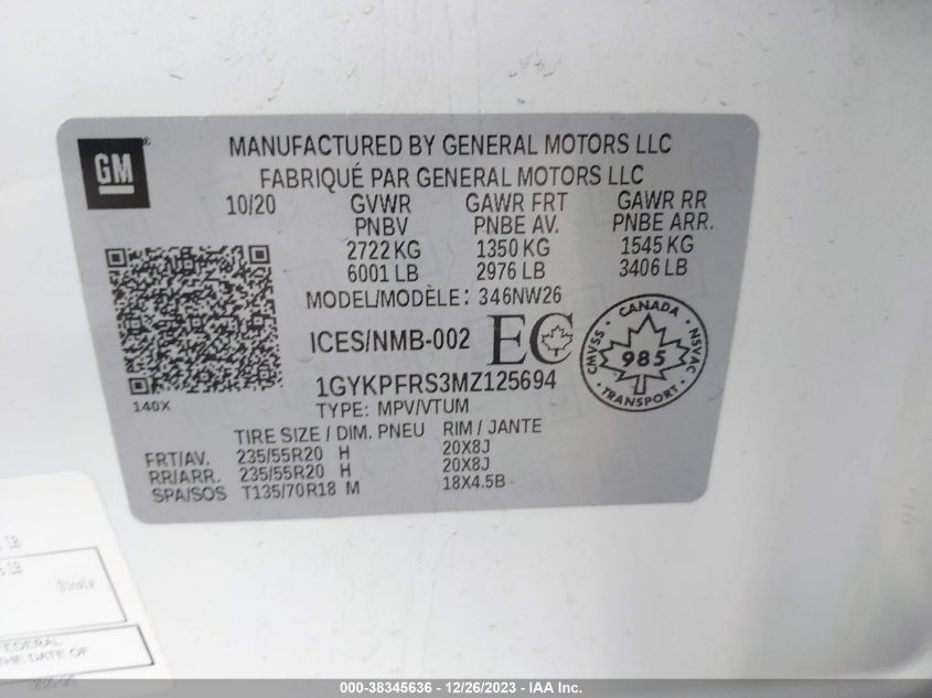 2021 CADILLAC XT6 AWD PREMIUM LUXURY - 1GYKPFRS3MZ125694