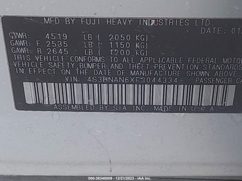 2015 SUBARU LEGACY 2.5I LIMITED - 4S3BNAN6XF3044334
