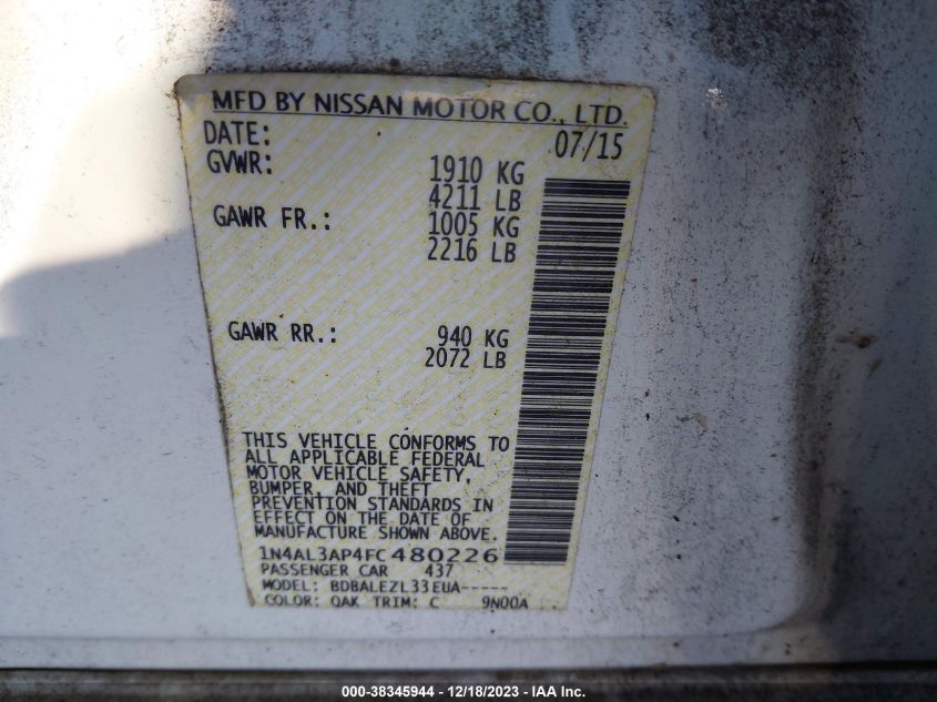 2015 NISSAN ALTIMA 2.5/2.5 S/2.5 SL/2.5 SV - 1N4AL3AP4FC480226