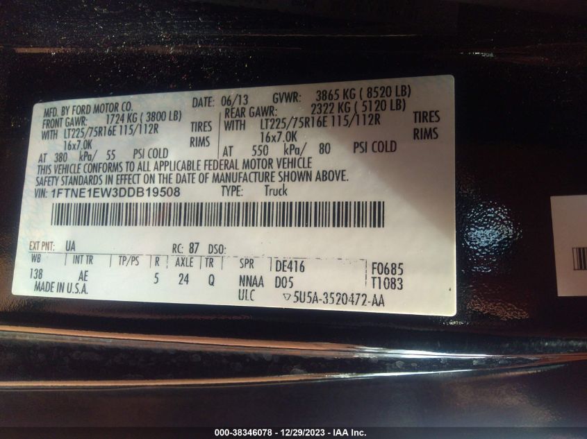 2013 FORD E-150 COMMERCIAL 1FTNE1EW3DDB19508