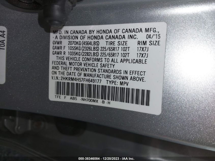 2015 HONDA CR-V EX - 2HKRM4H57FH649177