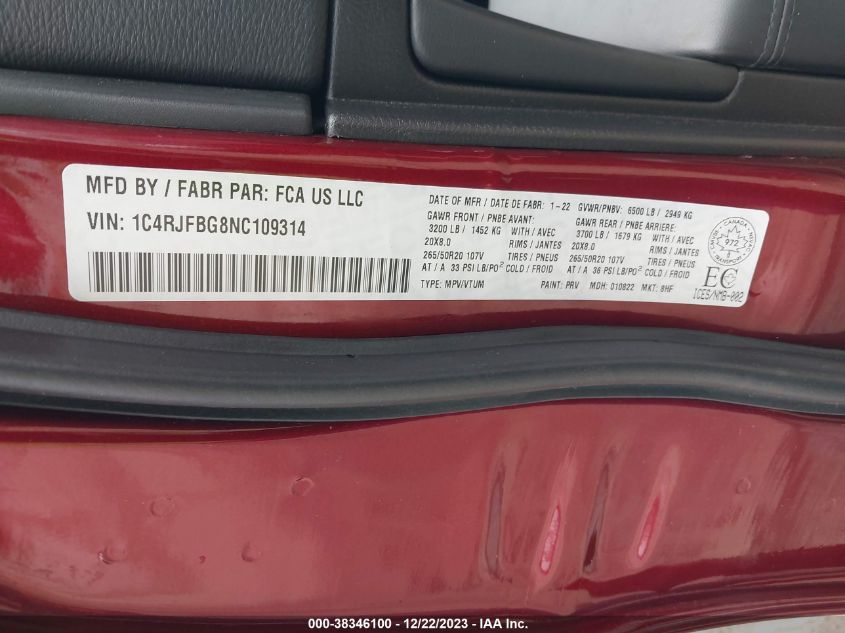 2022 JEEP GRAND CHEROKEE WK LIMITED X 1C4RJFBG8NC109314