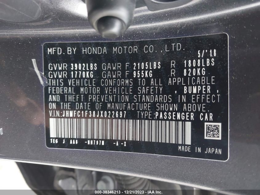 2018 HONDA CIVIC EX-T - JHMFC1F38JX022697