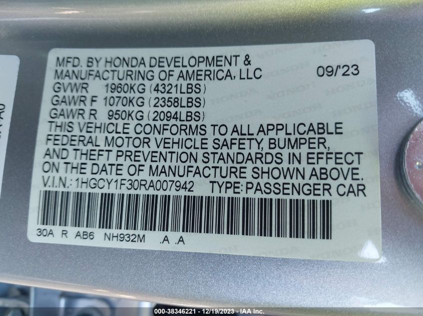 2024 HONDA ACCORD EX - 1HGCY1F30RA007942