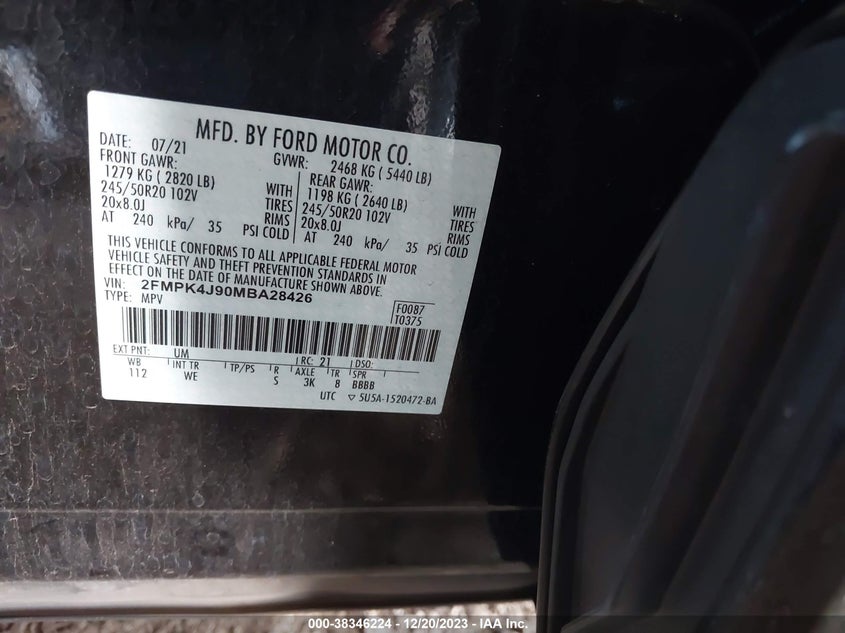 VIN 2FMPK4J90MBA28426 2021 FORD EDGE SEL