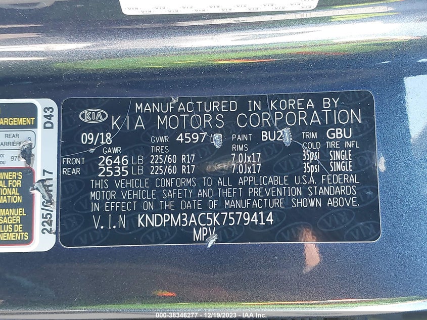 VIN KNDPM3AC5K7579414 2019 KIA SPORTAGE LX