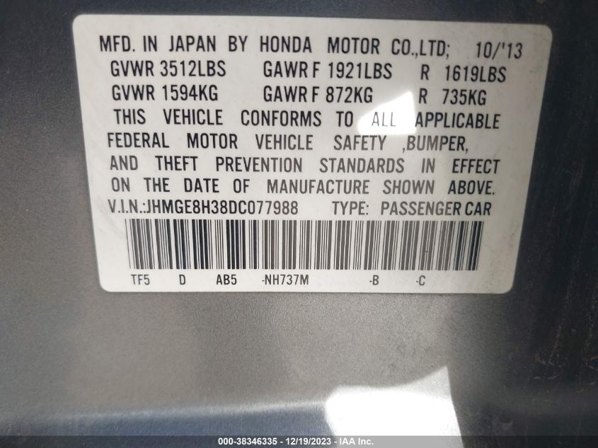 2013 HONDA FIT - JHMGE8H38DC077988
