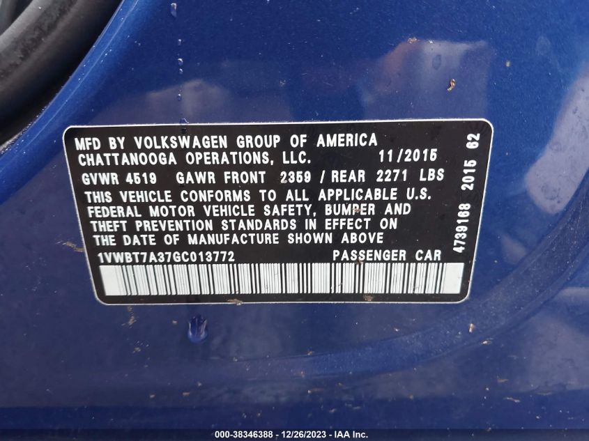 2016 VOLKSWAGEN PASSAT SE - 1VWBT7A37GC013772